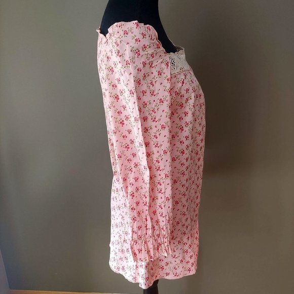 Vintage Ditsy Floral Long Sleeve Print Feminine Square Neck Lace Trim - Picture 2 of 16